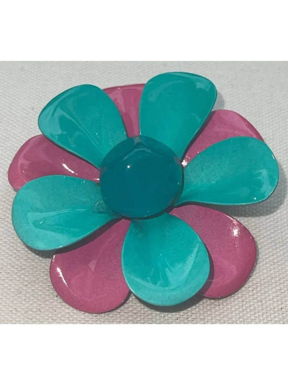 Vtg Flower Power Enamel Brooch Teal & Hot Pink Layered Petals Retro Mod MCM Desi